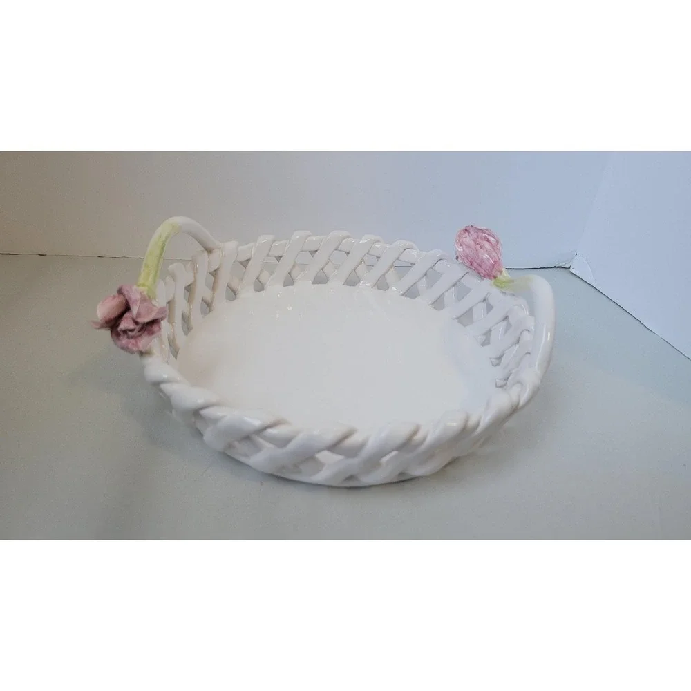 Vintage White Ceramic Lattice Rim Serving Tray With Tulip‎ Handles